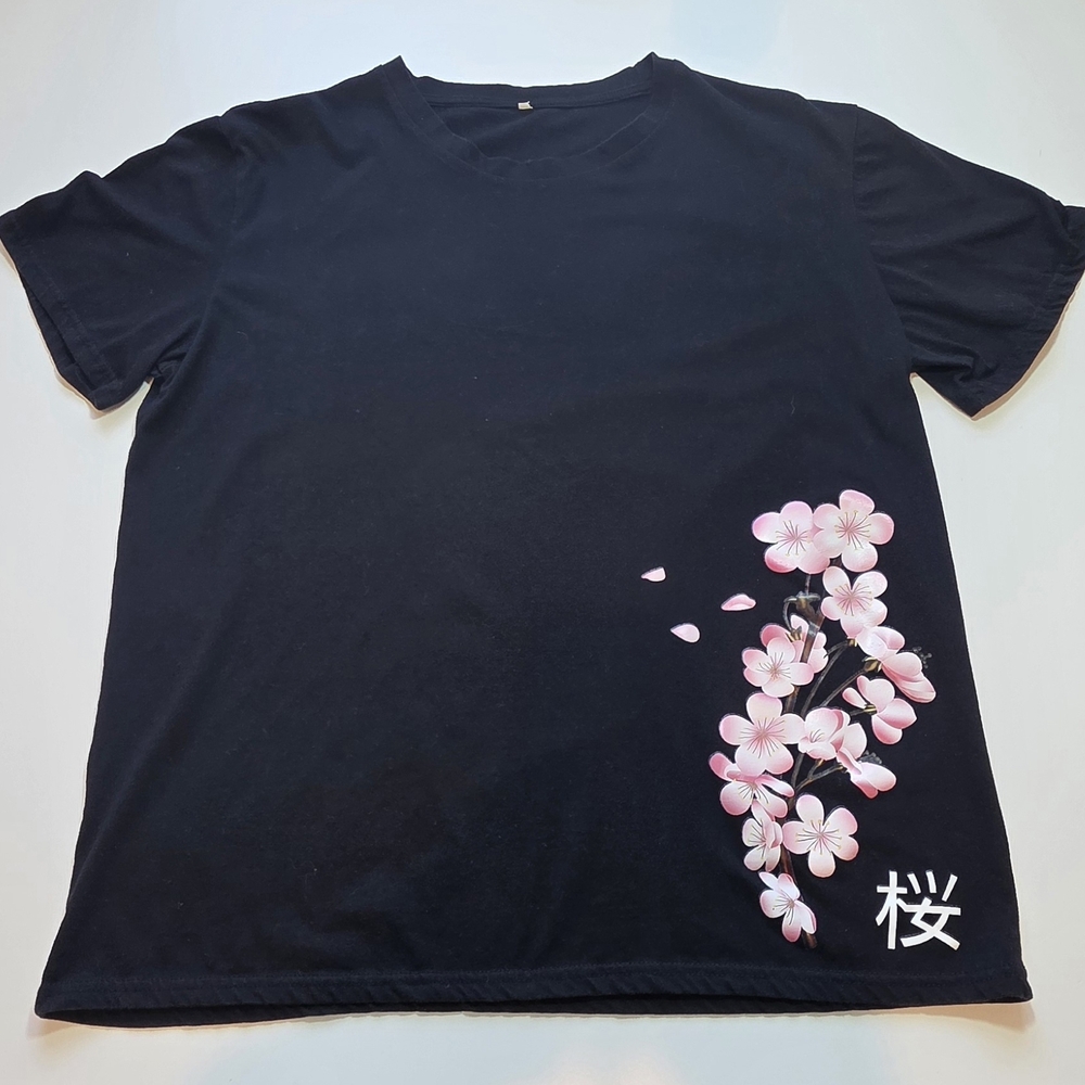 Black T-Shirt with Pink Floral Design